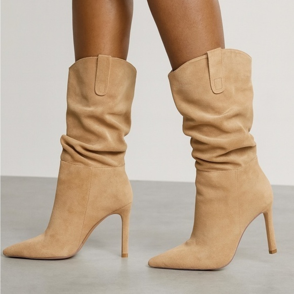 Oasis Society California Slouchy Calf Pointed Toe Heels in Suede Tan
